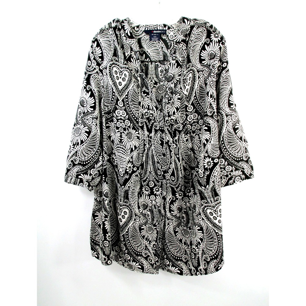 Denim 24/7 Black White Floral V-Neck Tunic Blouse Plus Size 20W Roll Tab Sleeve